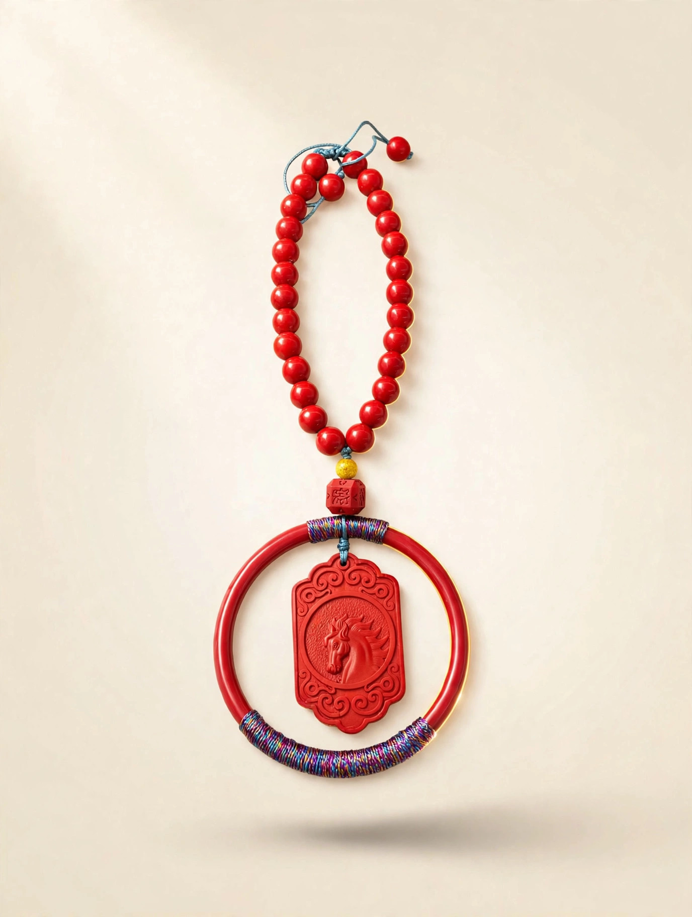 Fortune Steed cinnabar feng shui car hanging with carved horse plaque, red beads and braided cord