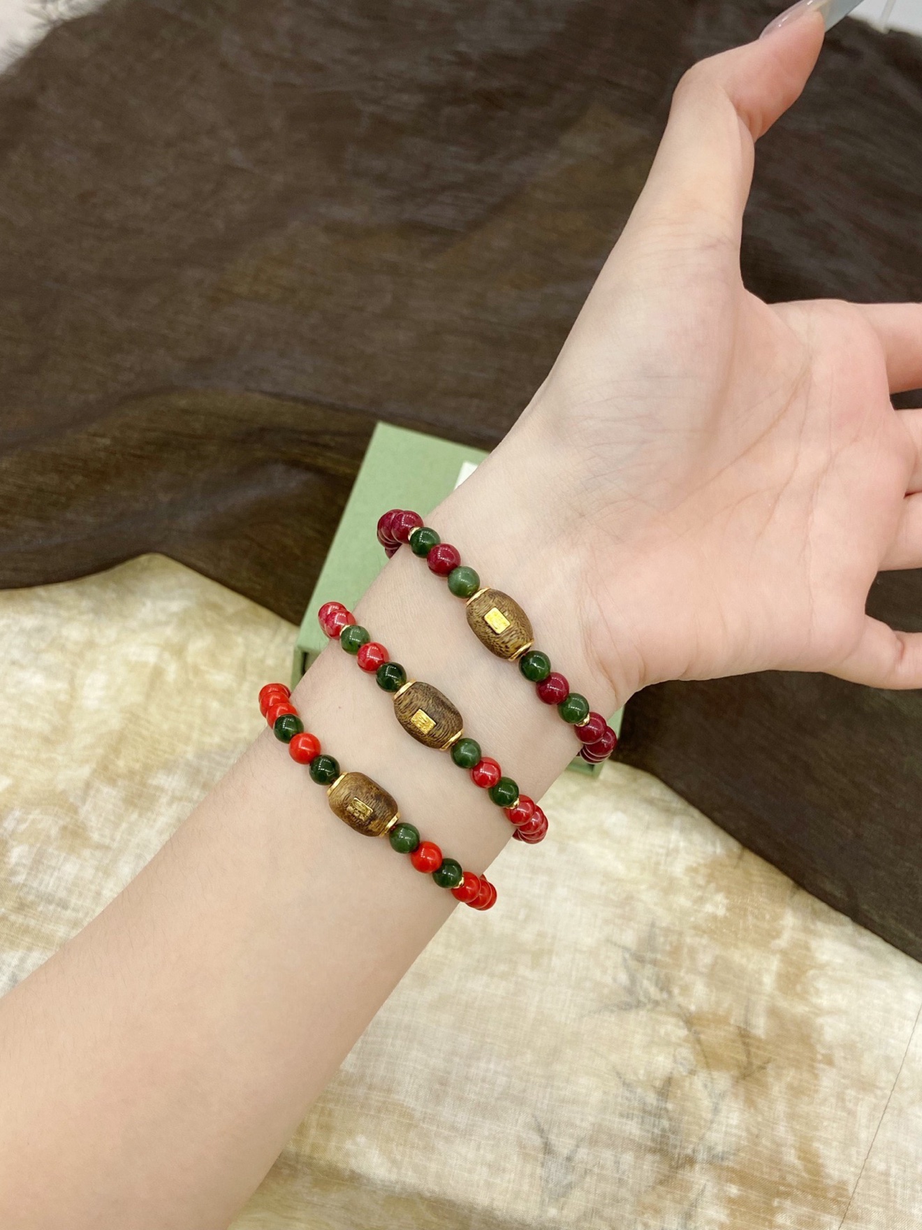 Cinnabar & Green Jade Bracelet — Three Reds