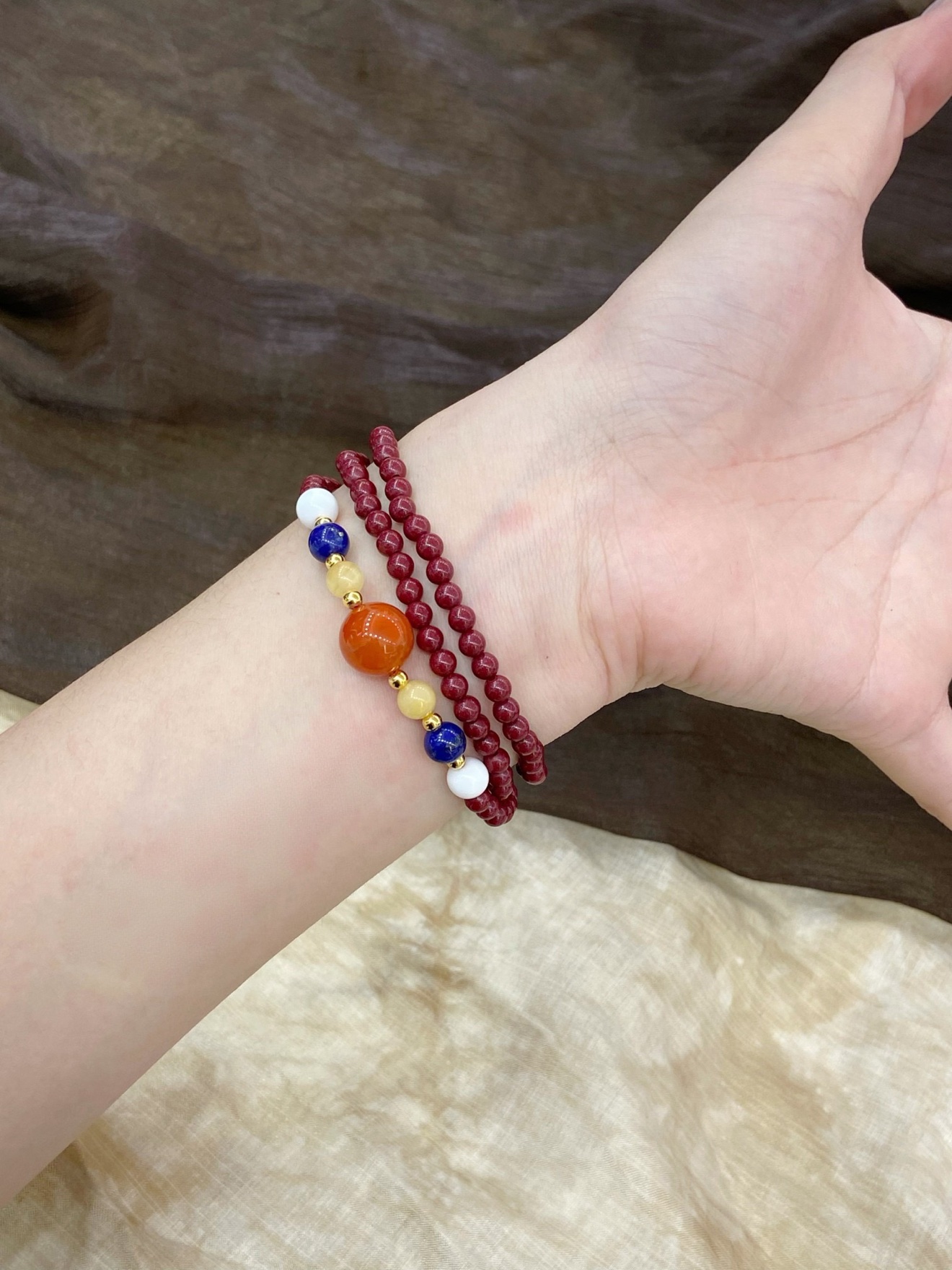 Purple-Gold Cinnabar Triple-Wrap Bracelet & Necklace