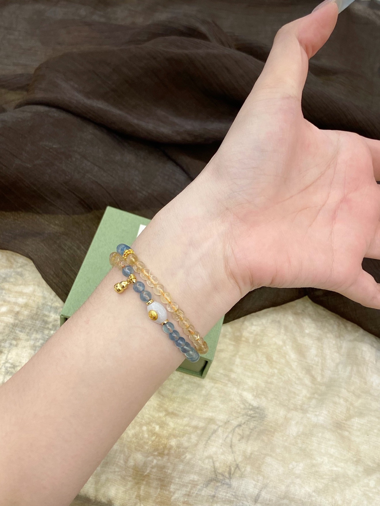 Aquamarine & Golden Rutilated Quartz Double-Wrap Bracelet