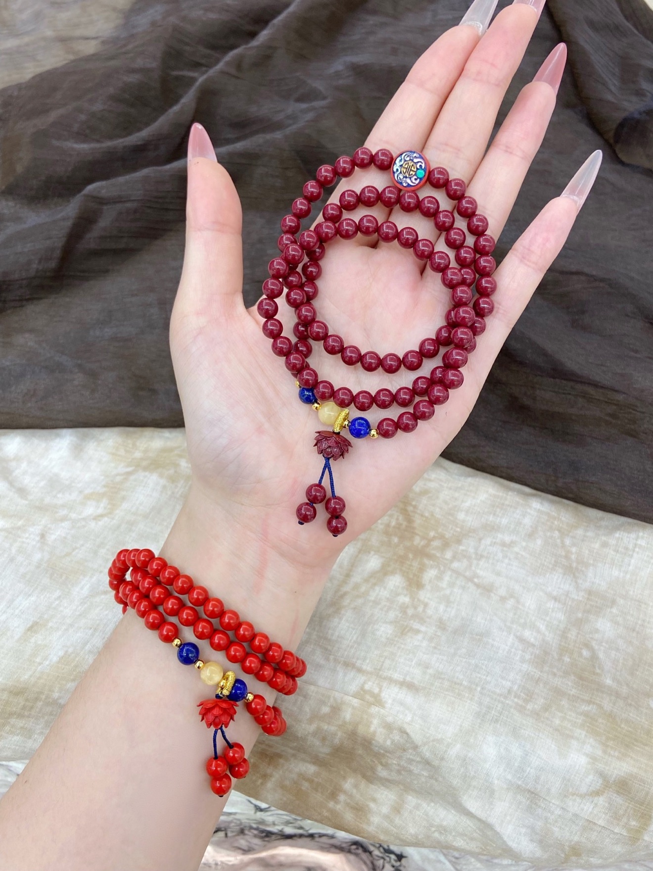 Cinnabar Lotus Triple-Wrap Bracelet